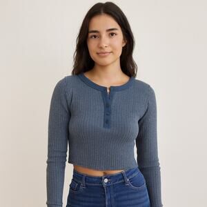 Edikted Blue Thermal Long Sleeve Henley Crop Top Women’s Small